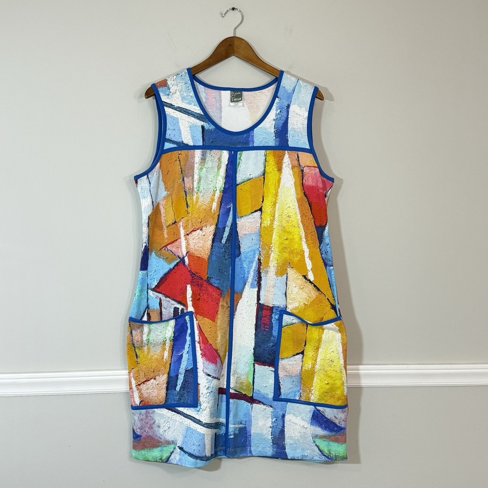 Simply Art By Dolcezza Abstract Print Dress Pockets Sz XL Art To Wear Mature Mod